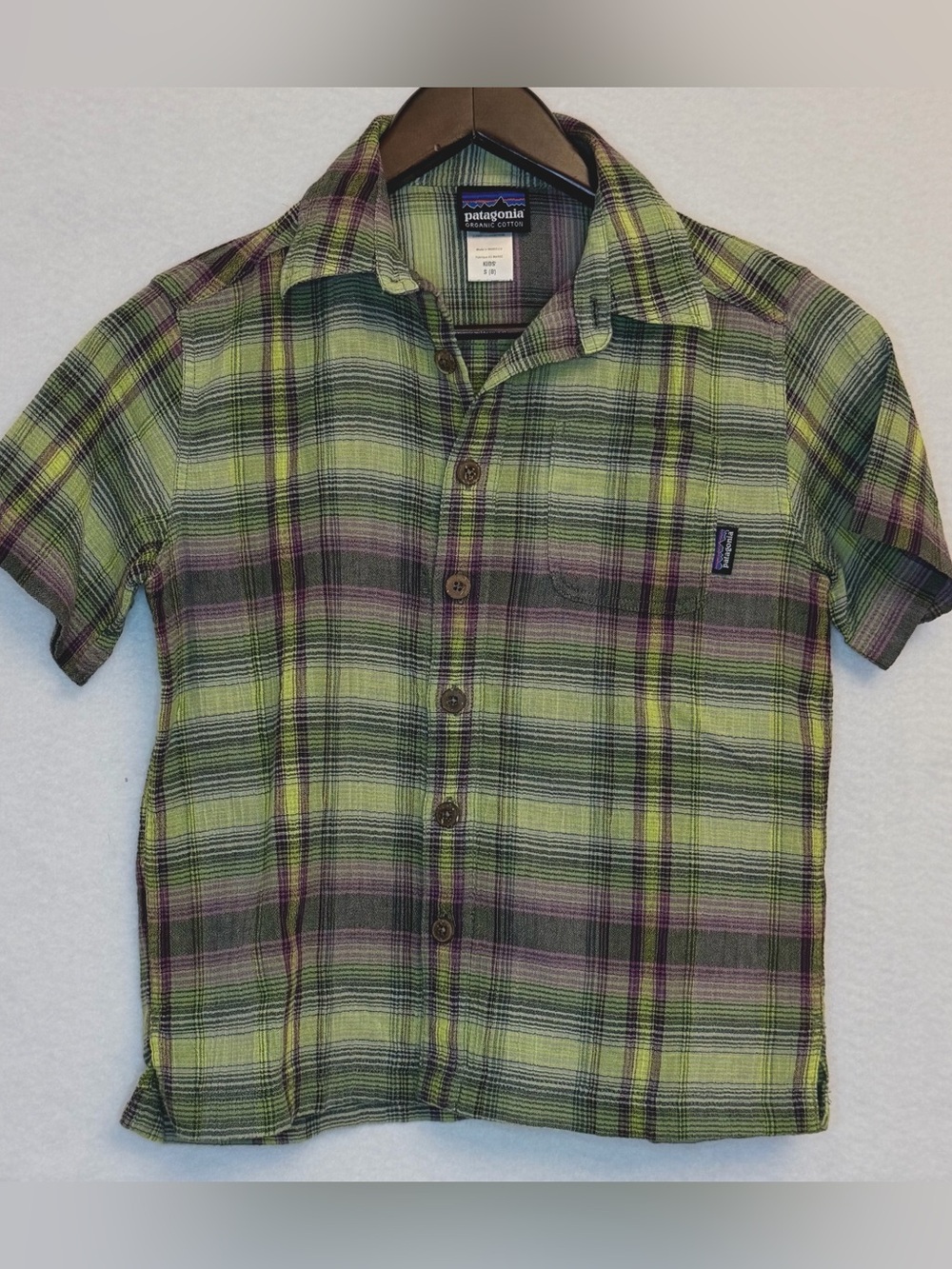 Patagonia Kids S 8 Organic Cotton Plaid Short Sleeve Button Shirt Green Purple